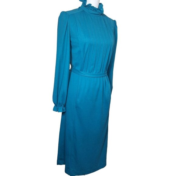 JCPenney Fashions Blue Dress Long Ruffle High Neck Pockets Tie Vintage Womens 14 - Picture 4 of 16
